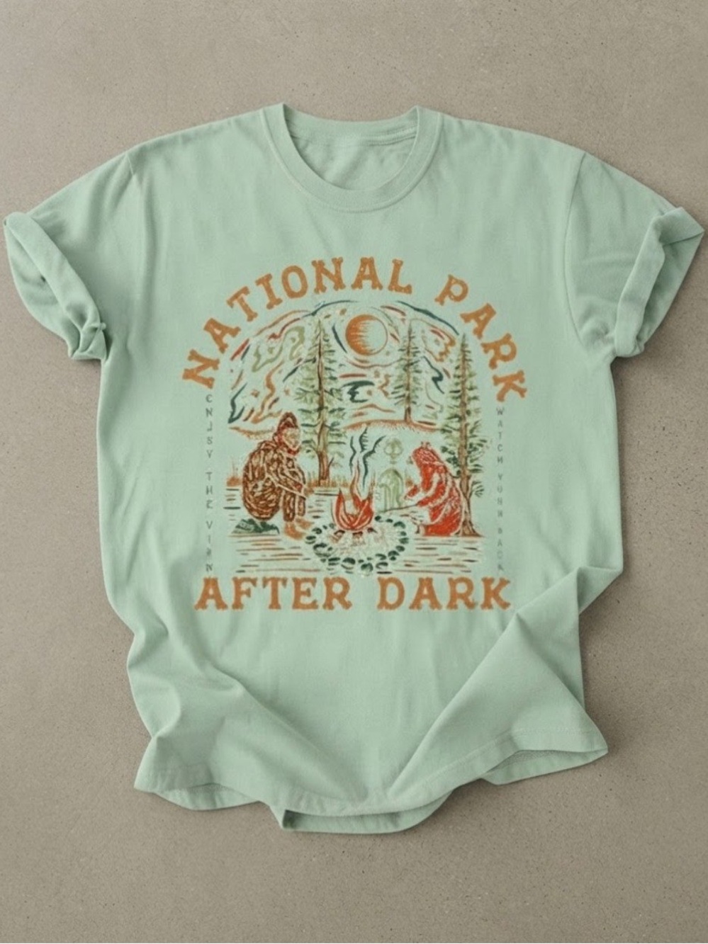 National Park After Dark Bigfoot Camping Mint Green Gildan T-Shirt